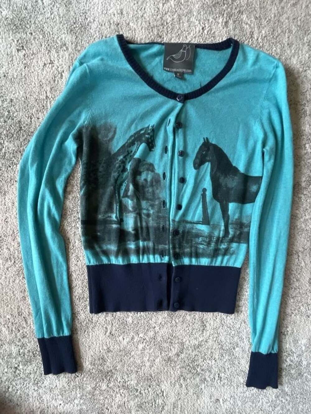 Vintage Anthro Knitted Dove Teal Blue and Navy Horse Cardigan Sweater Size S